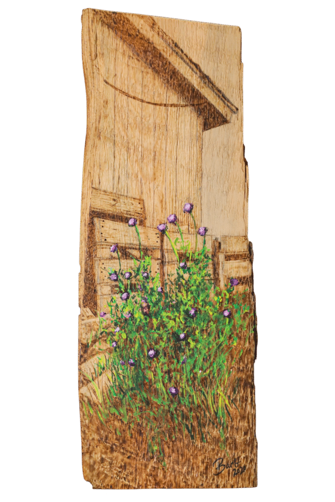 A rustic piece of wood featuring a wood-burned barn, accented by hand-painted green foliage and vibrant purple thistles sitting in front of the old fence. The natural wood grain adds texture and warmth, while the thistles bloom boldly beside the weathered structure, creating a contrast between wild growth and aged architecture.