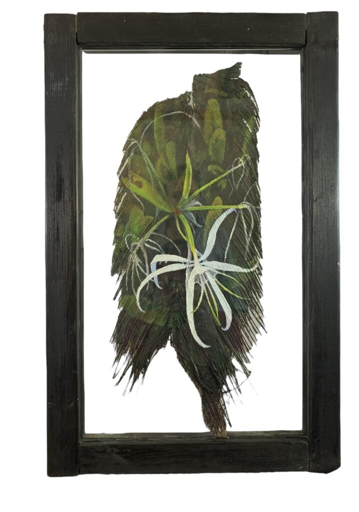 Acrylic-painted palm frond found on the beaches of Santo Domingo during a family celebration of a mother's 80th birthday; vibrant brushstrokes highlight the natural texture, evoking warmth, memory, and Caribbean serenity.