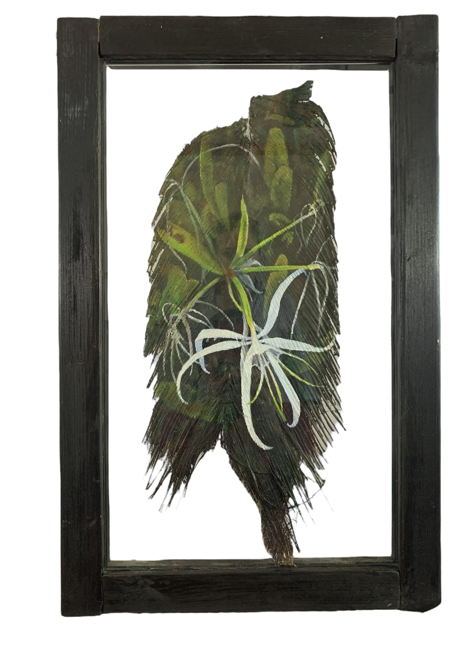 Acrylic-painted palm frond found on the beaches of Santo Domingo during a family celebration of a mother's 80th birthday; vibrant brushstrokes highlight the natural texture, evoking warmth, memory, and Caribbean serenity.
