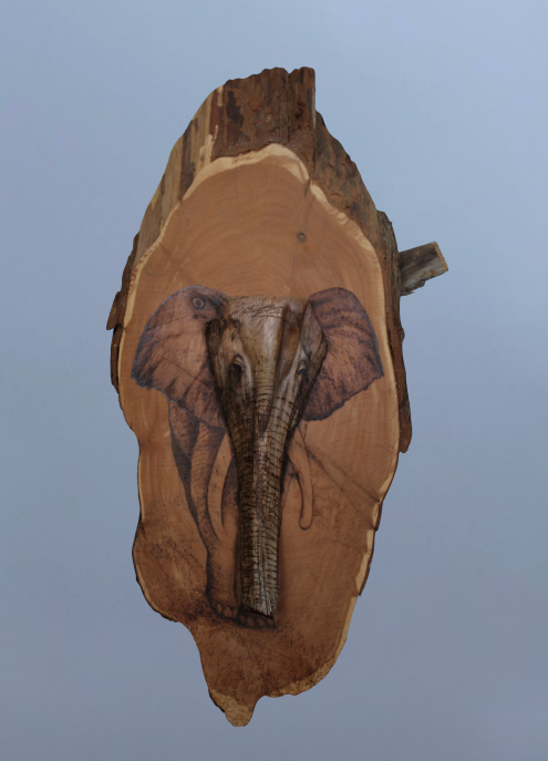 Hand-burned elephant portrait on rustic wood, crowned with a natural palm frond flourish.