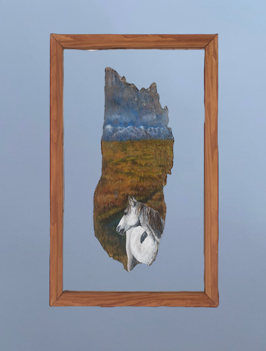 Lone white horse against a backdrop of open fields and distant mountains, painted in acrylic on Melaleuca Tree Bark. Suspended in a floating frame, it’s a harmonious blend of nature and imagination.