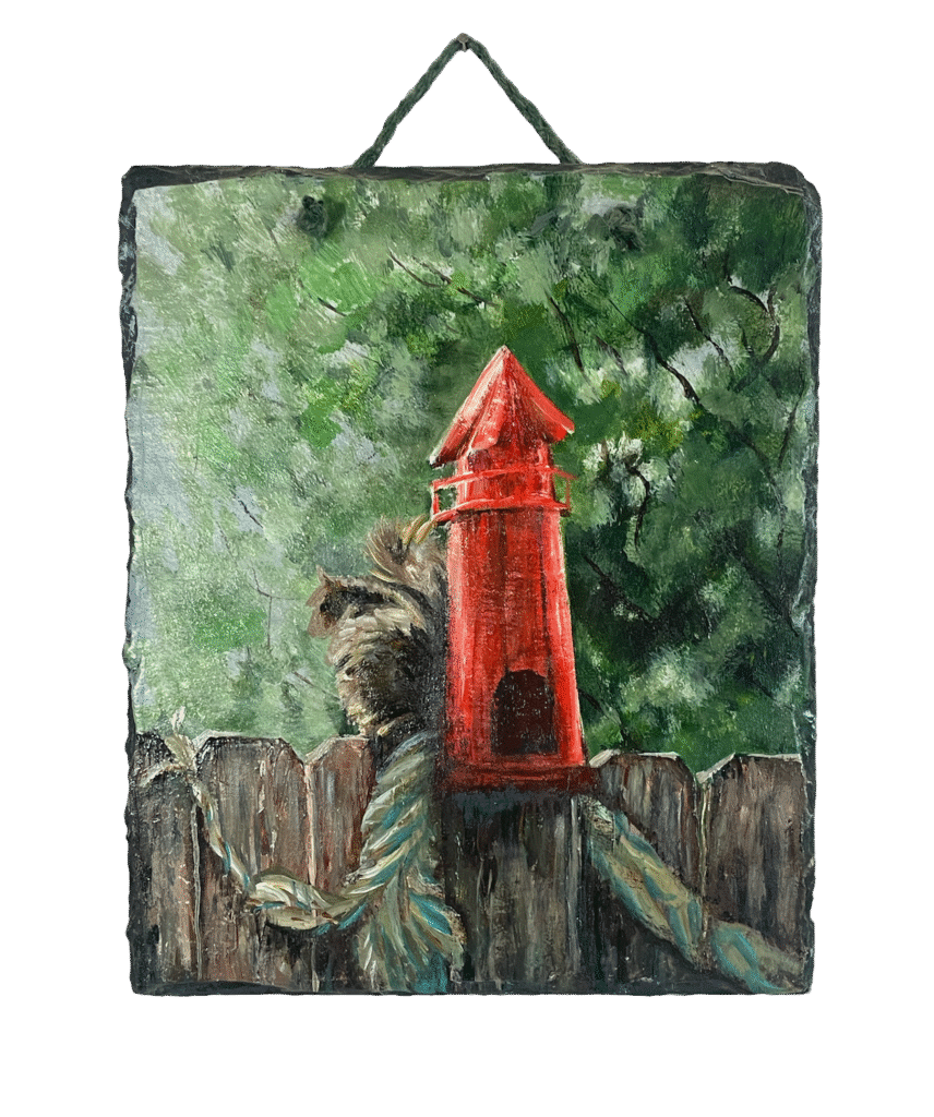 Whimsical acrylic painting on reclaimed slate shingle featuring a squirrel leaning against a lighthouse-shaped birdhouse. The nature-meets-nautical scene blends woodland charm with coastal symbolism, crafted in rich detail and earthy tones. Eco-conscious art using salvaged materials.