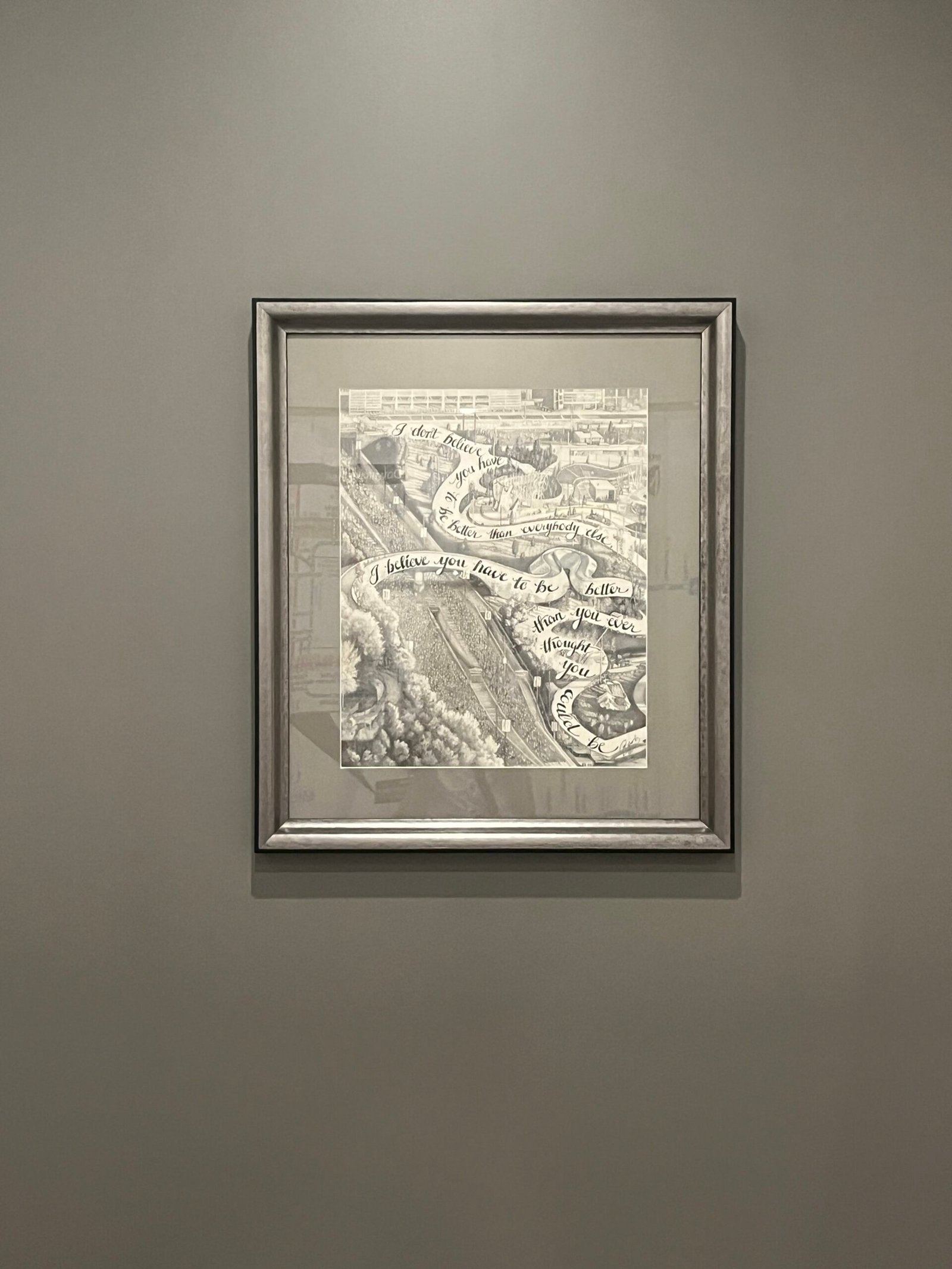): Intricate black-and-white illustration mapping Chicago’s streets as flowing ribbons, each inscribed with a mantra of personal growth: “I don't believe you have to be better than anyone else, I believe you have to be better than you ever were.” The artwork traces the path of the Chicago Marathon, weaving through city landmarks and symbolic turns, echoing the runner’s journey of endurance, reflection, and renewal.