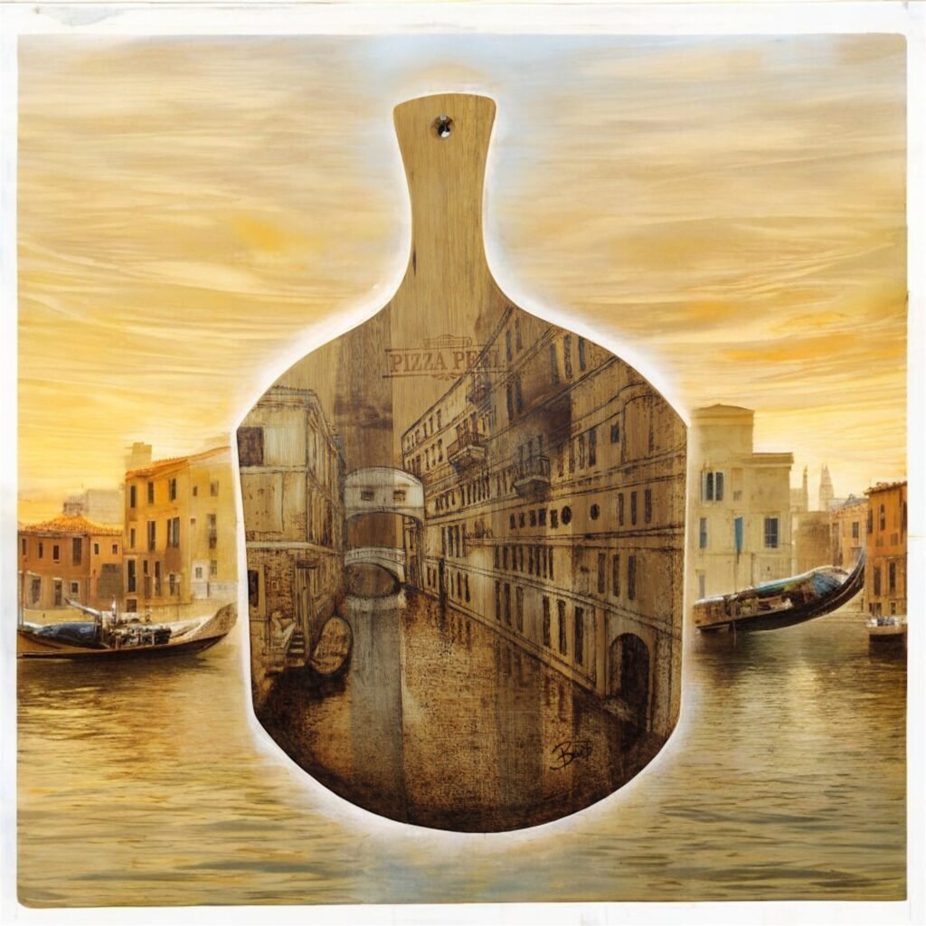 Wooden pizza peel featuring a detailed European canal scene wood burned with arched bridges, classical buildings, and balconies. The engraving includes the words “PIZZA PEEL” and a logo, blending kitchen utility with artistic craftsmanship.